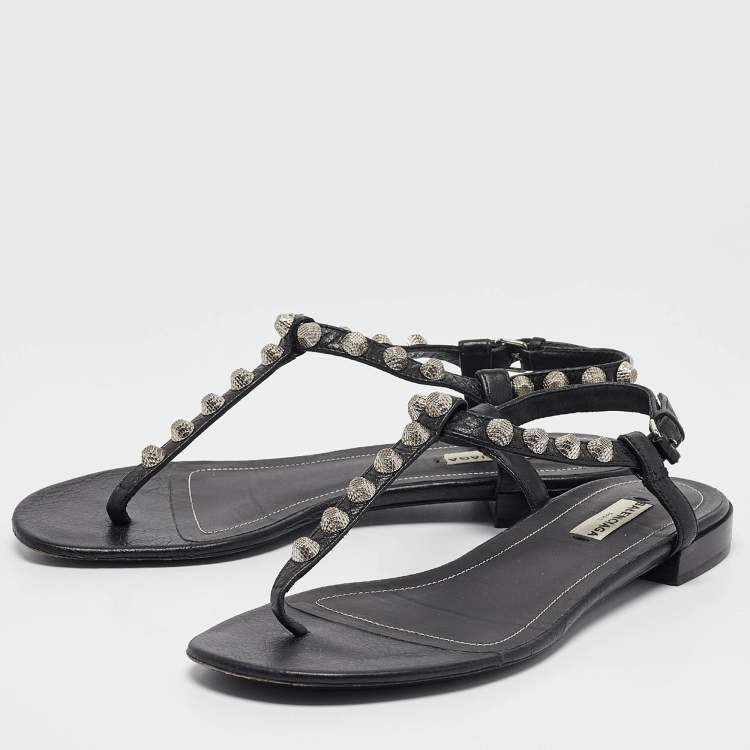 Pre Owned Balenciaga Black Leather Arena Flat Sandals Size 38