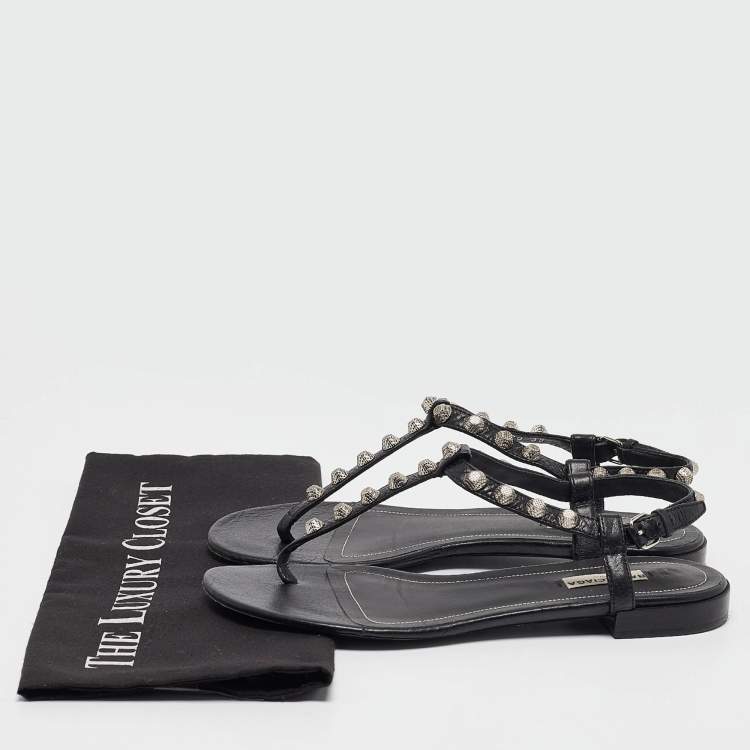 Pre Owned Balenciaga Black Leather Arena Flat Sandals Size 38