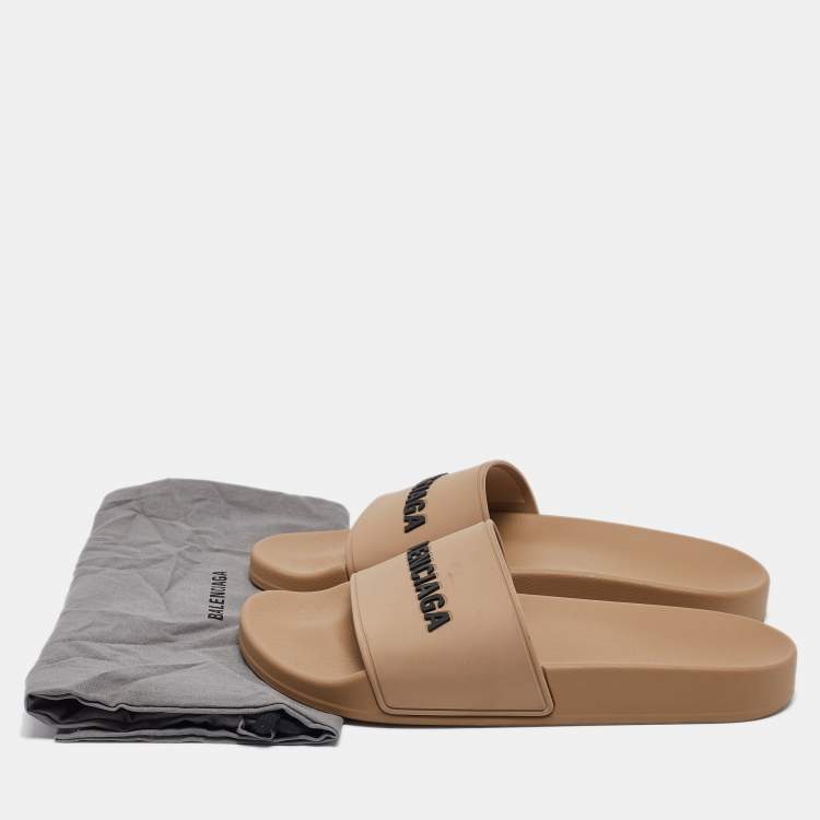 Pre Owned Balenciaga Light Brown Rubber Embossed Logo Slides Size 37