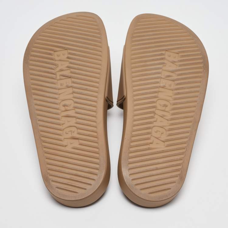 Pre Owned Balenciaga Light Brown Rubber Embossed Logo Slides Size 37