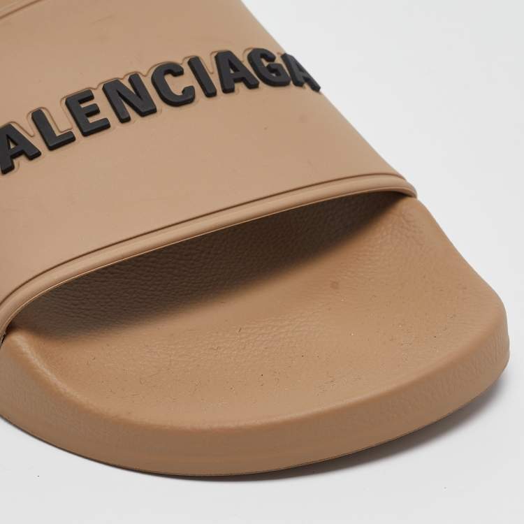 Pre Owned Balenciaga Light Brown Rubber Embossed Logo Slides Size 37