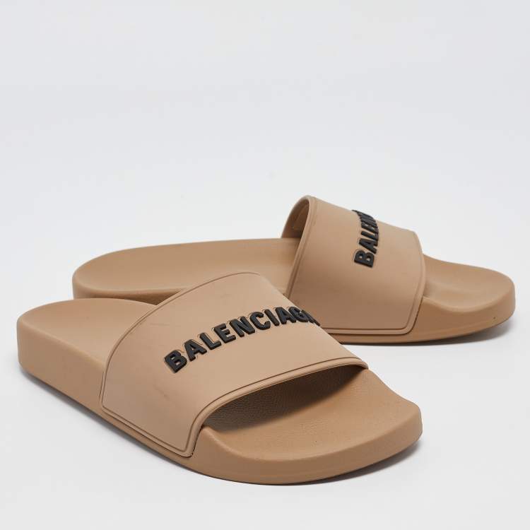 Pre Owned Balenciaga Light Brown Rubber Embossed Logo Slides Size 37
