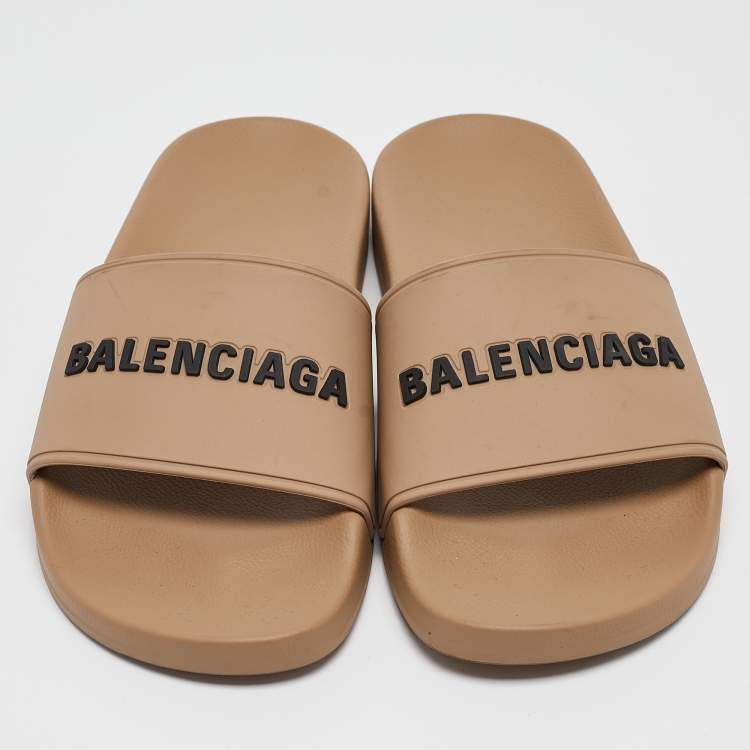 Pre Owned Balenciaga Light Brown Rubber Embossed Logo Slides Size 37