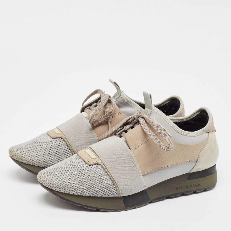 Pre Owned Balenciaga Grey/Beige Knit Fabric and Leather Race Runner Lace Up Sneakers Size 41