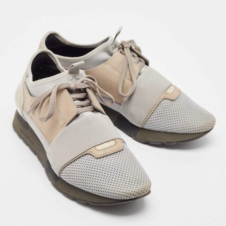 Pre Owned Balenciaga Grey/Beige Knit Fabric and Leather Race Runner Lace Up Sneakers Size 41