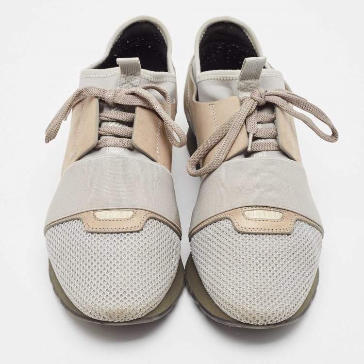 Pre Owned Balenciaga Grey/Beige Knit Fabric and Leather Race Runner Lace Up Sneakers Size 41