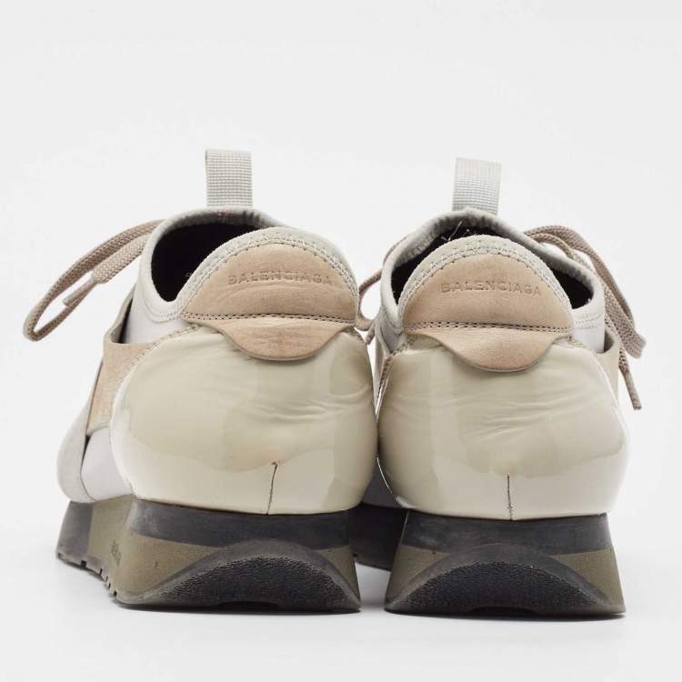 Pre Owned Balenciaga Grey/Beige Knit Fabric and Leather Race Runner Lace Up Sneakers Size 41
