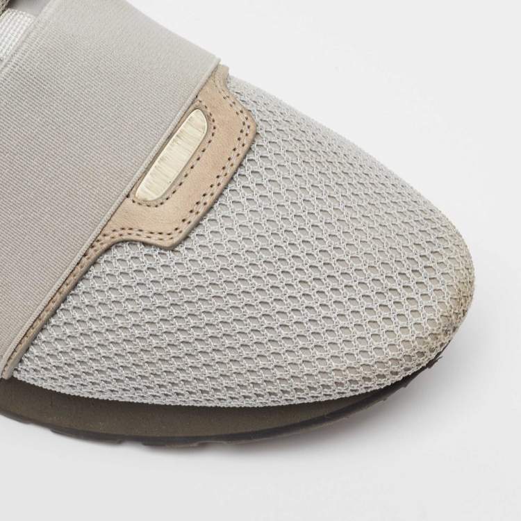 Pre Owned Balenciaga Grey/Beige Knit Fabric and Leather Race Runner Lace Up Sneakers Size 41
