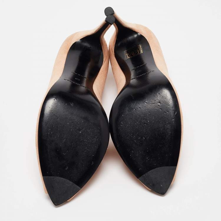 Pre Owned Balenciaga Peach Suede Peep Toe Pumps Size 38