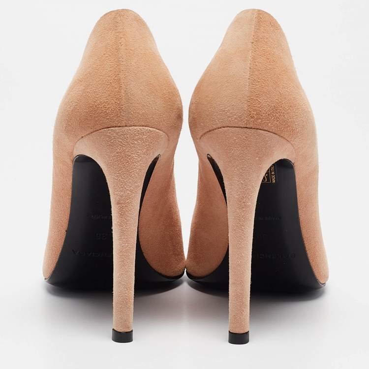 Pre Owned Balenciaga Peach Suede Peep Toe Pumps Size 38