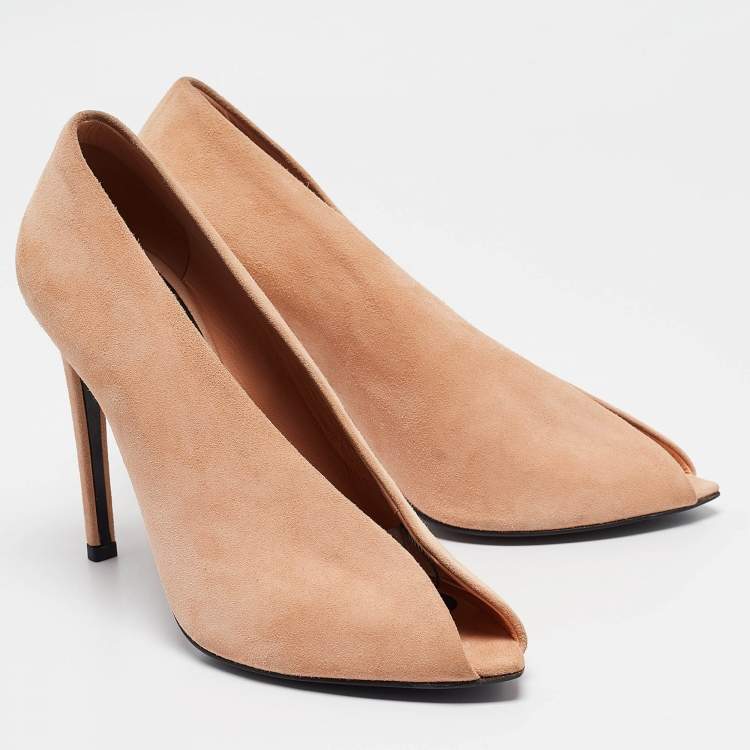 Pre Owned Balenciaga Peach Suede Peep Toe Pumps Size 38