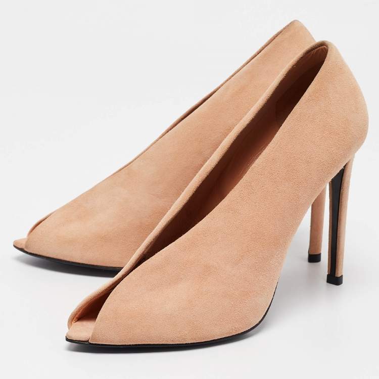 Pre Owned Balenciaga Peach Suede Peep Toe Pumps Size 38