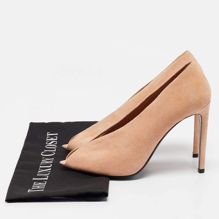 Pre Owned Balenciaga Peach Suede Peep Toe Pumps Size 38