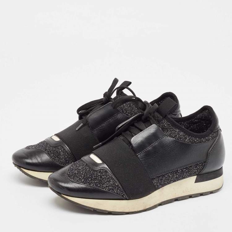 Pre Owned Balenciaga Black Fabric and Leather Race Runner Lace Up Sneakers Size 38