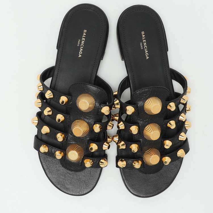 Pre Owned Balenciaga Black Leather Arena Flat Slides Size 35
