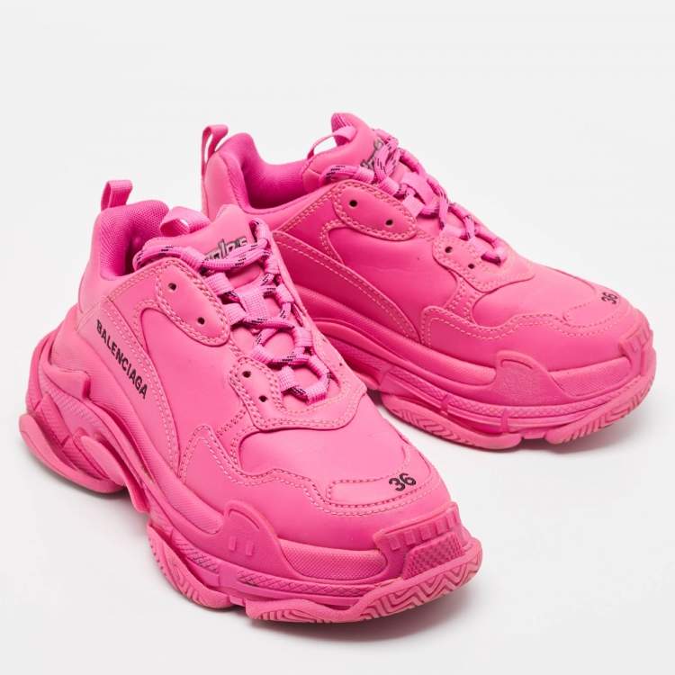 Pre Owned Balenciaga Pink Leather Triple S Lace Up Sneakers Size 36