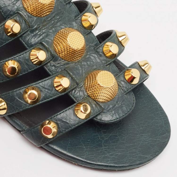 Pre Owned Balenciaga Green Leather Arena Flat Sandals Size 37.5