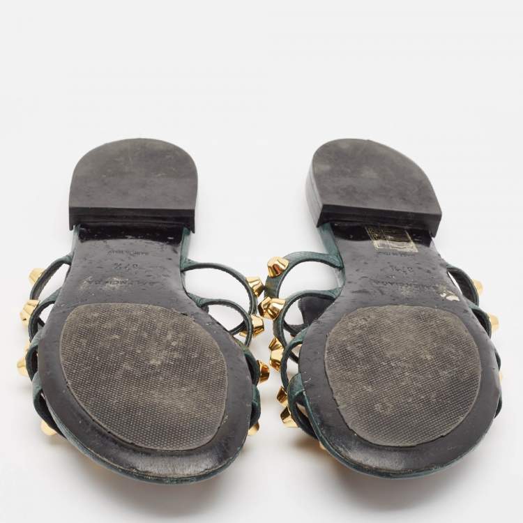 Pre Owned Balenciaga Green Leather Arena Flat Sandals Size 37.5