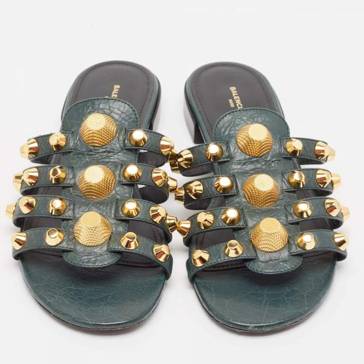 Pre Owned Balenciaga Green Leather Arena Flat Sandals Size 37.5