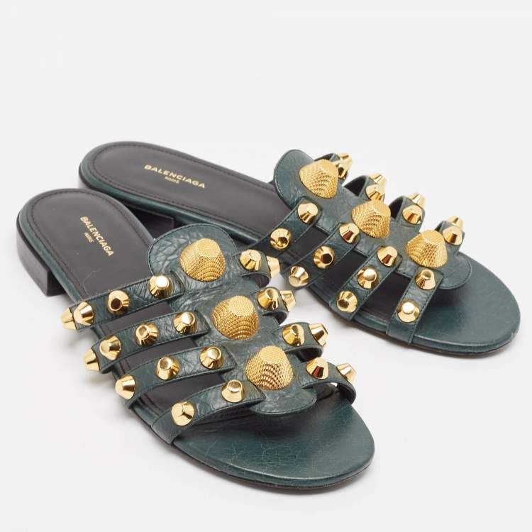 Pre Owned Balenciaga Green Leather Arena Flat Sandals Size 37.5