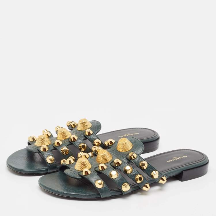 Pre Owned Balenciaga Green Leather Arena Flat Sandals Size 37.5