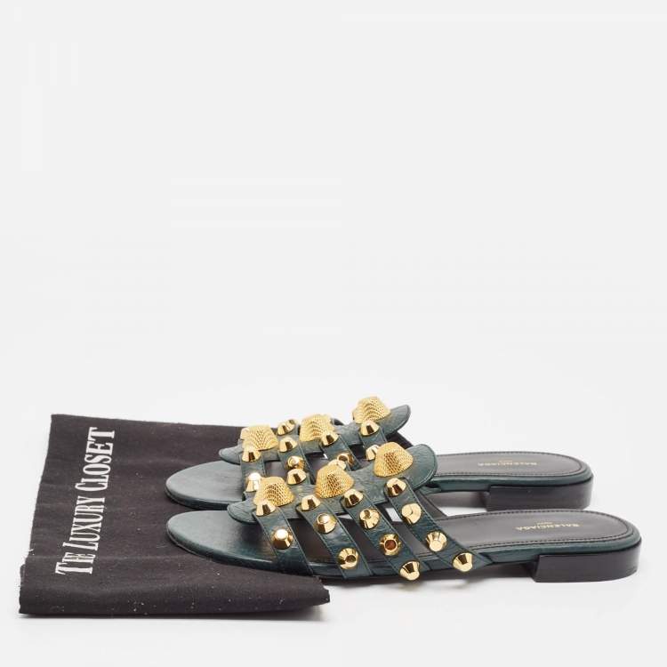 Pre Owned Balenciaga Green Leather Arena Flat Sandals Size 37.5