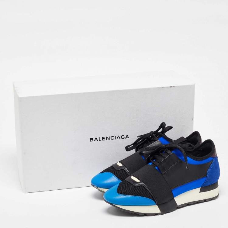 Pre Owned Balenciaga Blue Leather, Mesh and Suede Race Runner Low Top Sneakers Size 37