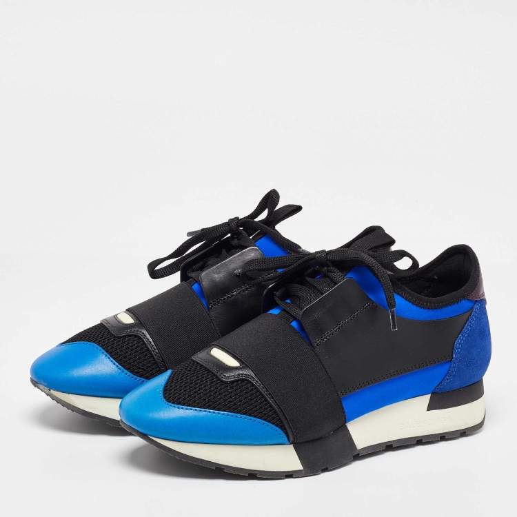 Pre Owned Balenciaga Blue Leather, Mesh and Suede Race Runner Low Top Sneakers Size 37