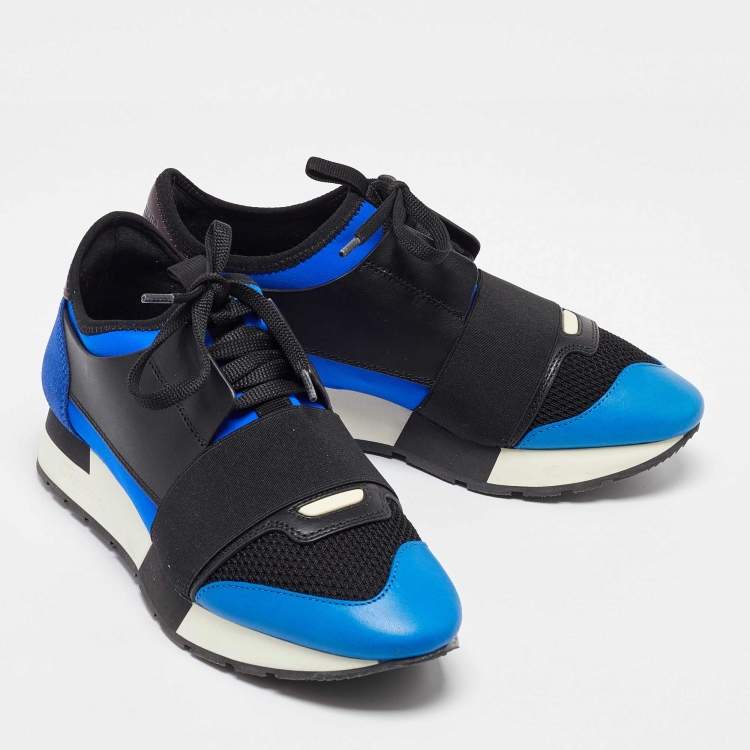 Pre Owned Balenciaga Blue Leather, Mesh and Suede Race Runner Low Top Sneakers Size 37