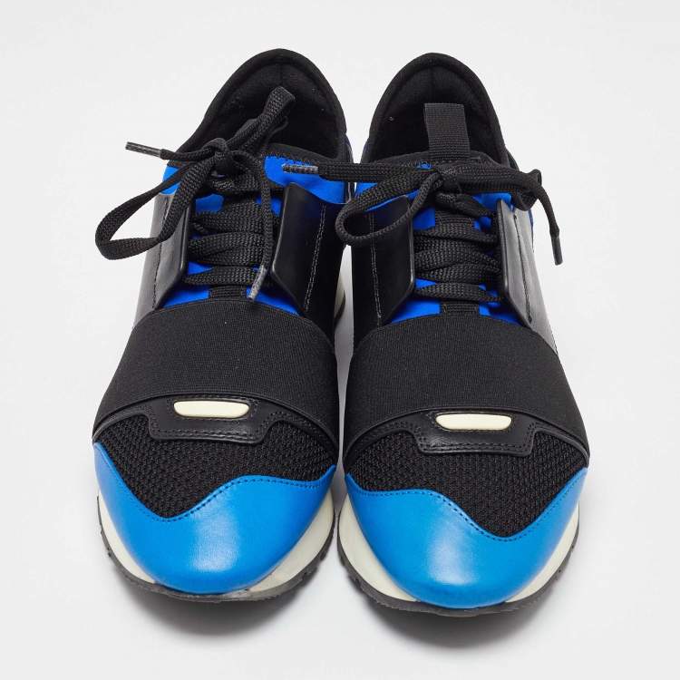Pre Owned Balenciaga Blue Leather, Mesh and Suede Race Runner Low Top Sneakers Size 37