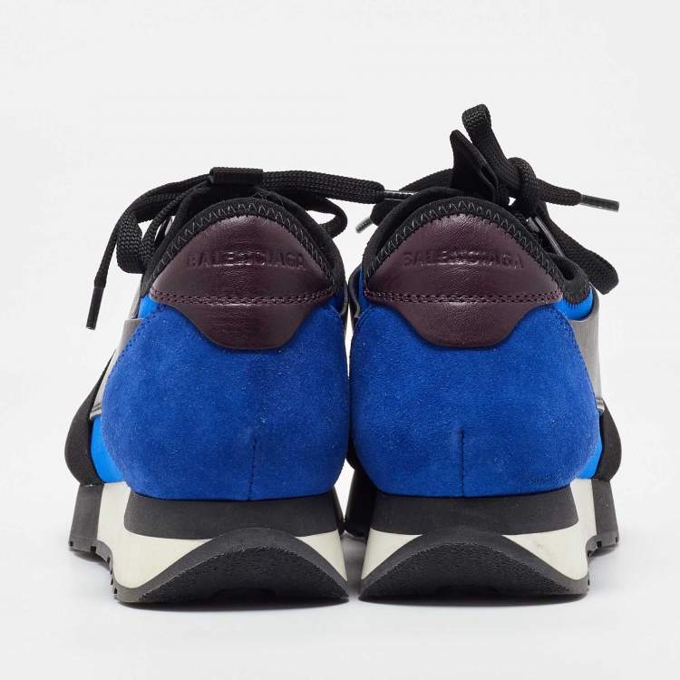 Pre Owned Balenciaga Blue Leather, Mesh and Suede Race Runner Low Top Sneakers Size 37