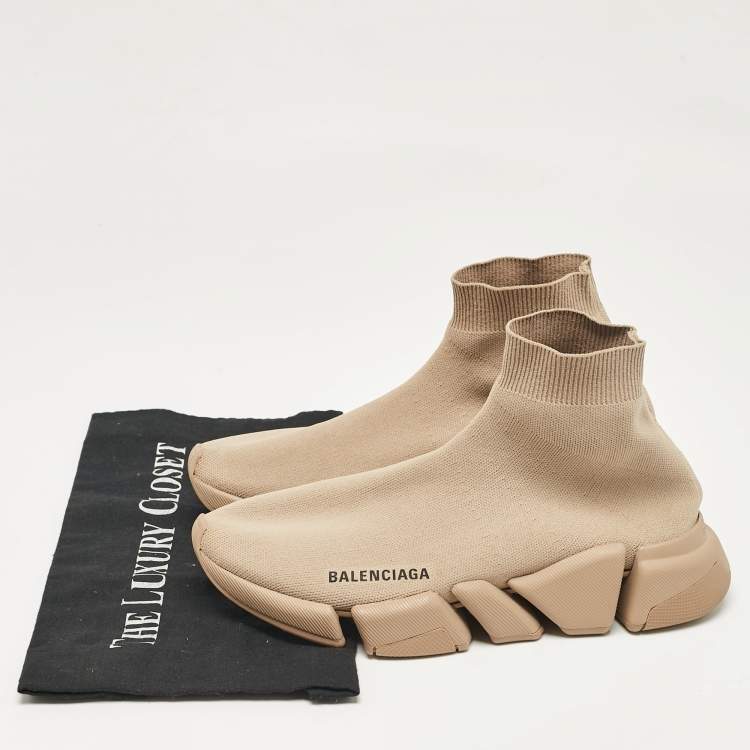 Pre Owned Balenciaga Beige Knit Fabric Speed Trainer High Top Sneakers Size 39