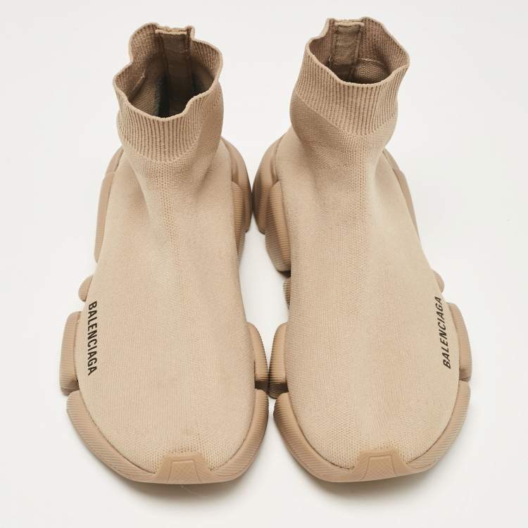 Pre Owned Balenciaga Beige Knit Fabric Speed Trainer High Top Sneakers Size 39