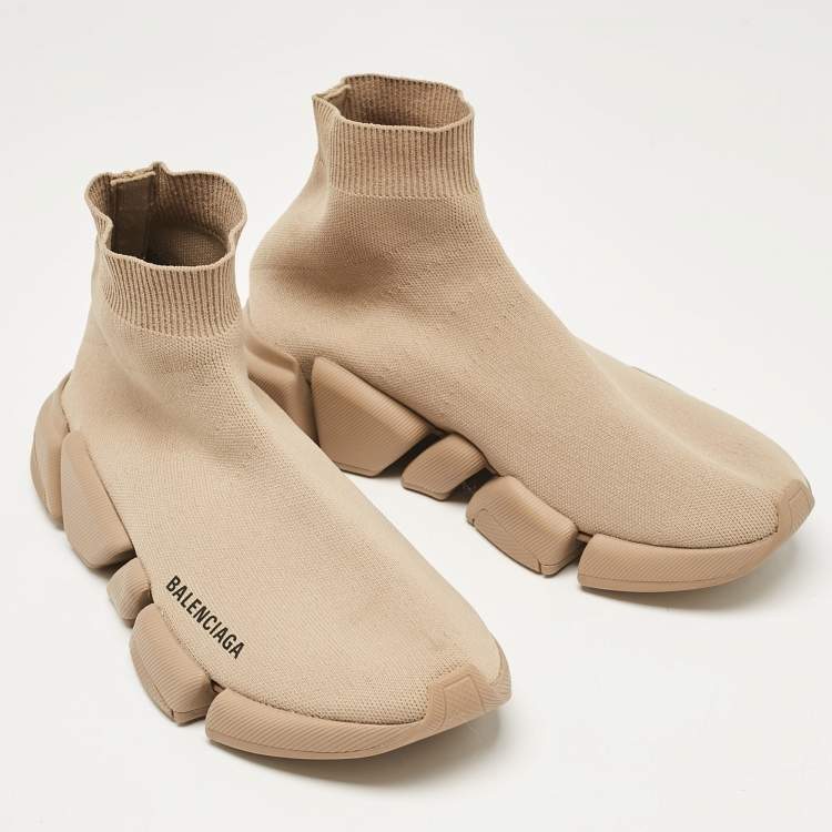 Pre Owned Balenciaga Beige Knit Fabric Speed Trainer High Top Sneakers Size 39