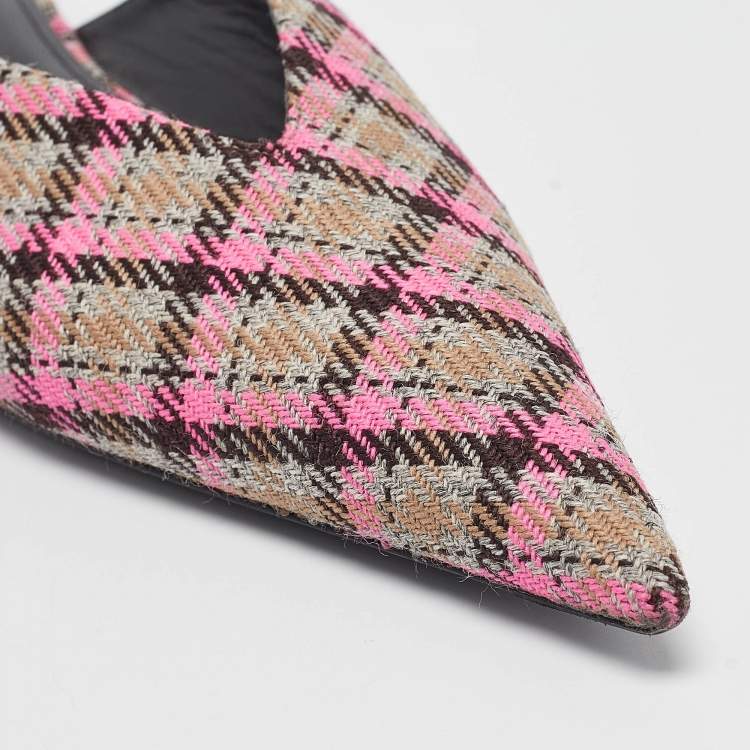 Pre Owned Balenciaga Pink/Brown Plaid Canvas Knife Flat Mules Size 36