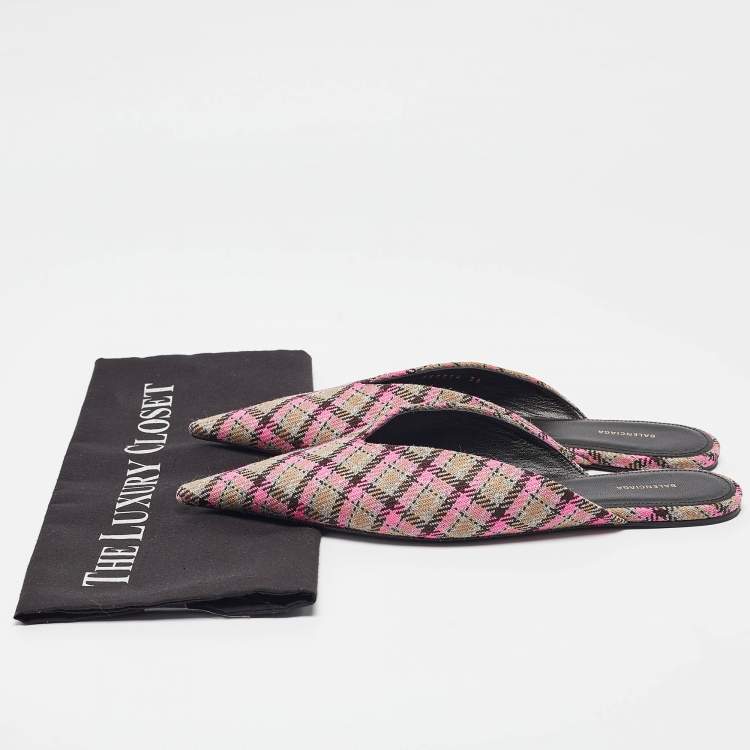 Pre Owned Balenciaga Pink/Brown Plaid Canvas Knife Flat Mules Size 36