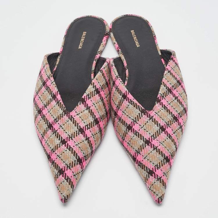 Pre Owned Balenciaga Pink/Brown Plaid Canvas Knife Flat Mules Size 36