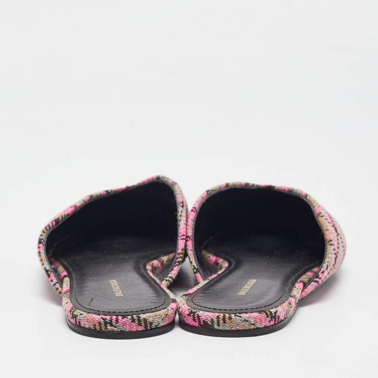 Pre Owned Balenciaga Pink/Brown Plaid Canvas Knife Flat Mules Size 36