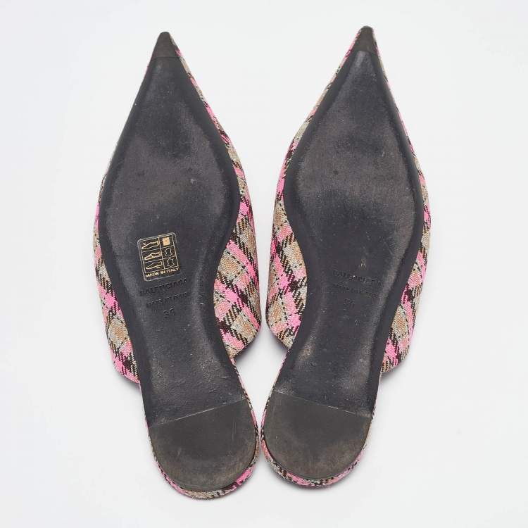 Pre Owned Balenciaga Pink/Brown Plaid Canvas Knife Flat Mules Size 36