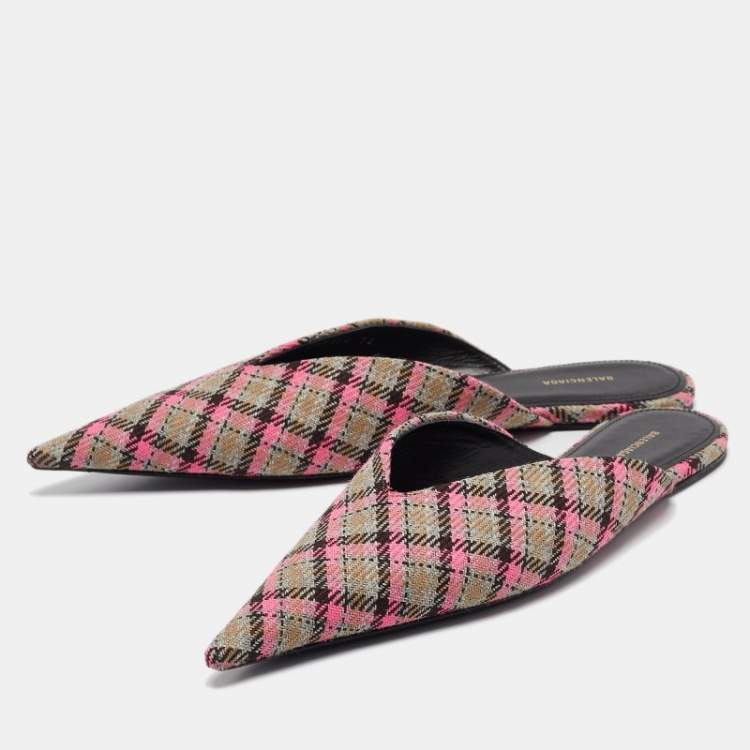 Pre Owned Balenciaga Pink/Brown Plaid Canvas Knife Flat Mules Size 36