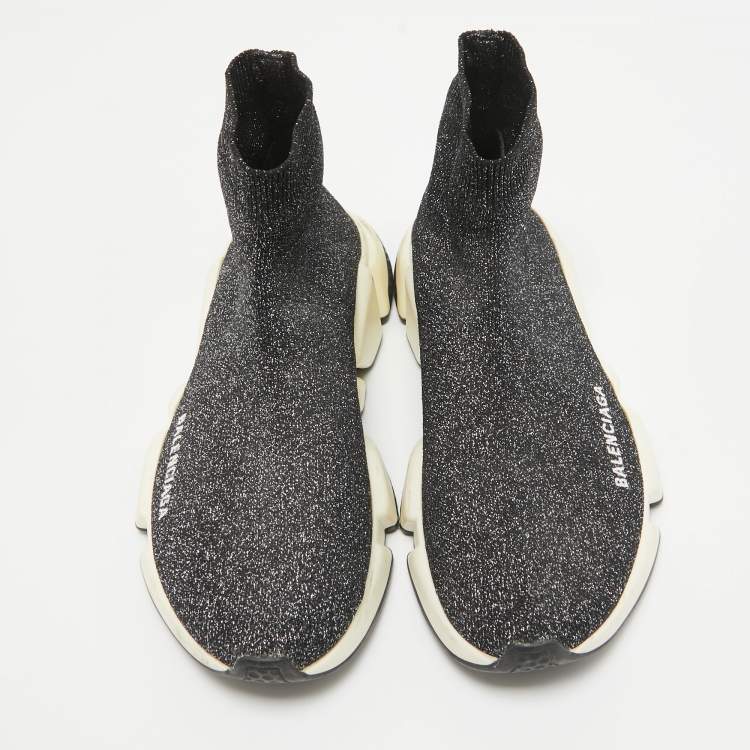 Pre Owned Balenciaga Black/Silver Fabric Speed Trainer High Top Sneakers Size 39