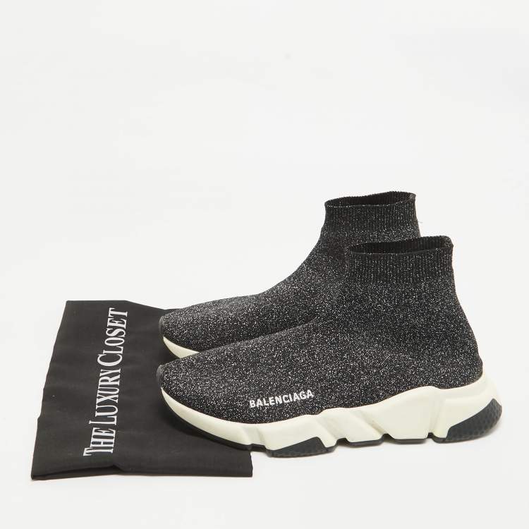 Pre Owned Balenciaga Black/Silver Fabric Speed Trainer High Top Sneakers Size 39