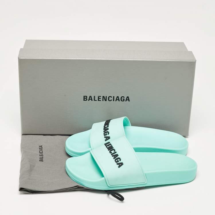 Pre Owned Balenciaga Blue Rubber Pool Slides Size 35 