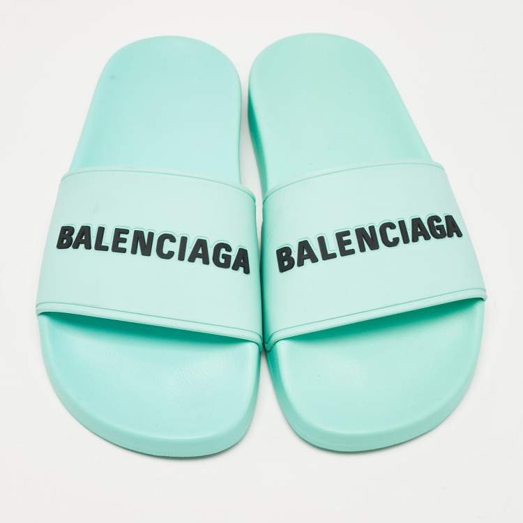 Pre Owned Balenciaga Blue Rubber Pool Slides Size 35 