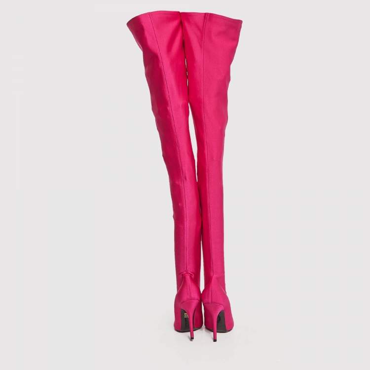 Pre Owned Balenciaga Pink Satin Knife Knee Length Boots Size 39