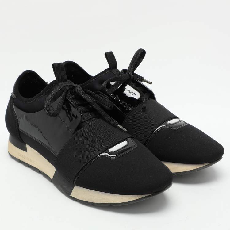 Pre Owned Balenciaga Black Patent Leather and Fabric Race Runner Low Top Sneakers Size 39