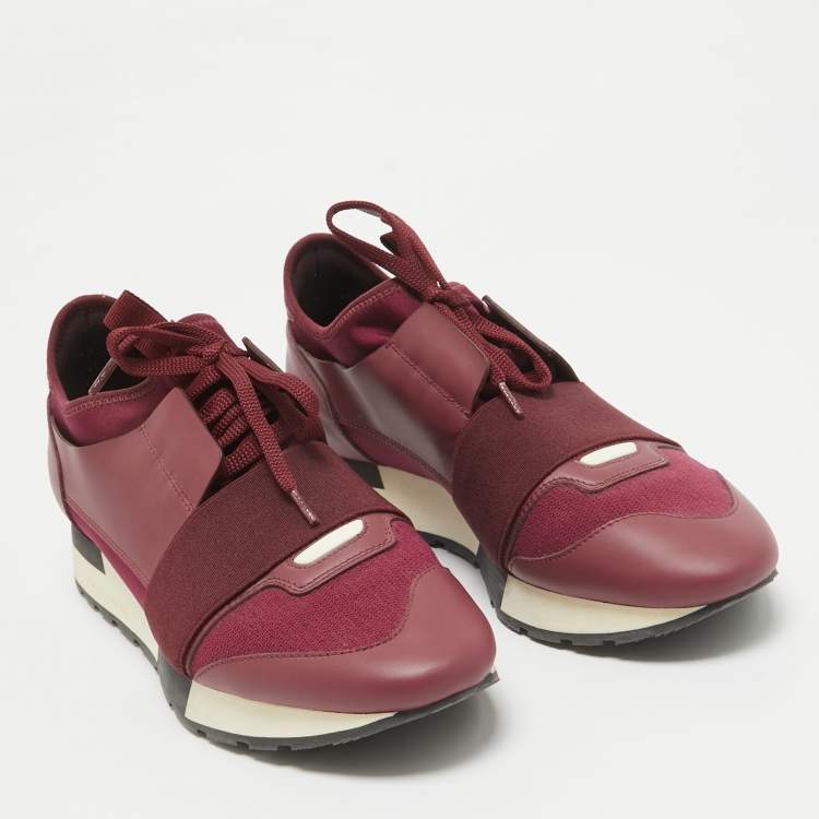 Pre Owned Balenciaga Burgundy Fabric and Leather Race Runner Lace Up Sneakers Size 39