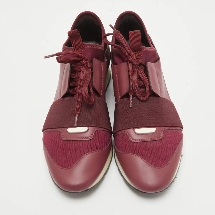 Pre Owned Balenciaga Burgundy Fabric and Leather Race Runner Lace Up Sneakers Size 39