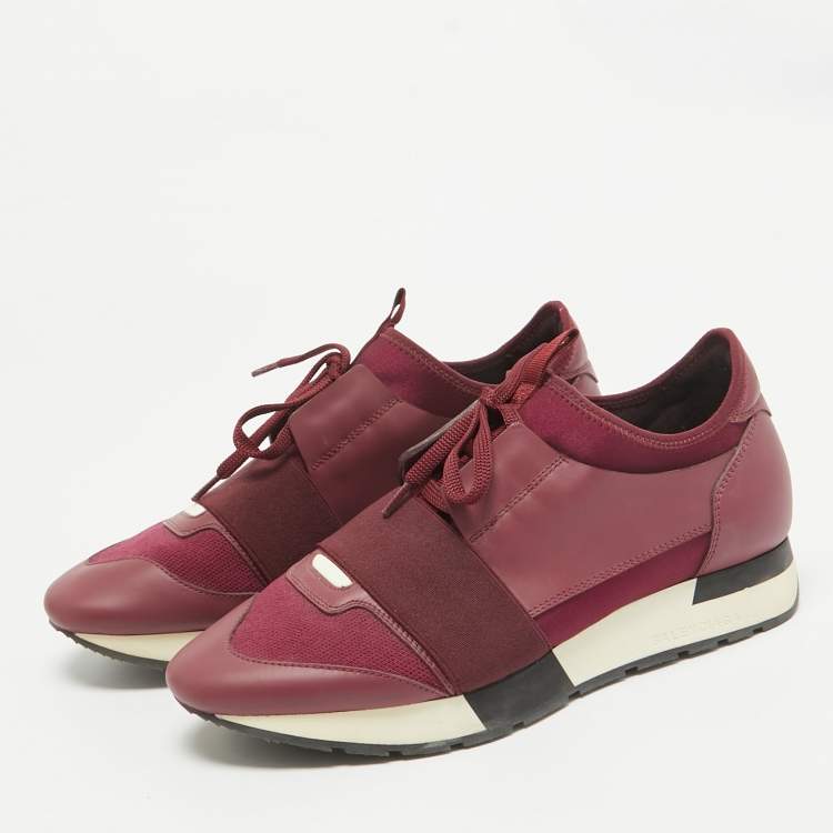 Pre Owned Balenciaga Burgundy Fabric and Leather Race Runner Lace Up Sneakers Size 39
