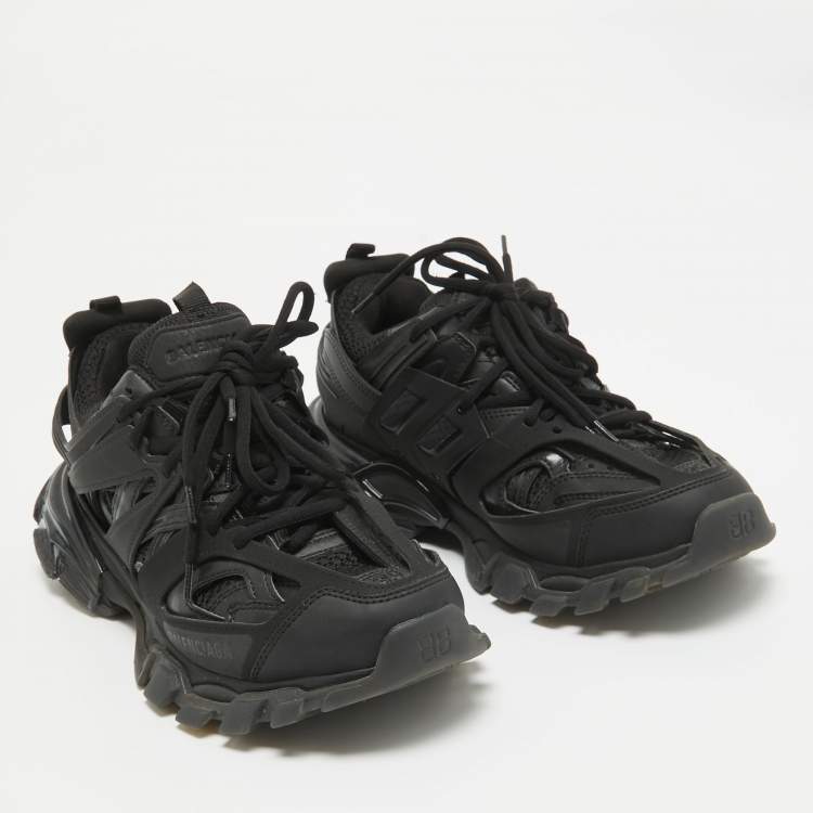 Pre Owned Balenciaga Black Faux Leather and Mesh Track Lace Up Sneakers Size 39